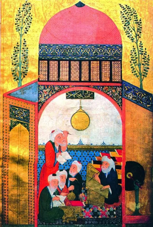 這幅中世紀波斯帝國的細密畫作品描繪的是學生們在向老師學習天文學知識.jpg
