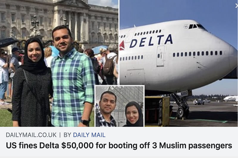 美國：達美航空因歧視穆斯林乘客被判罰金5萬美元